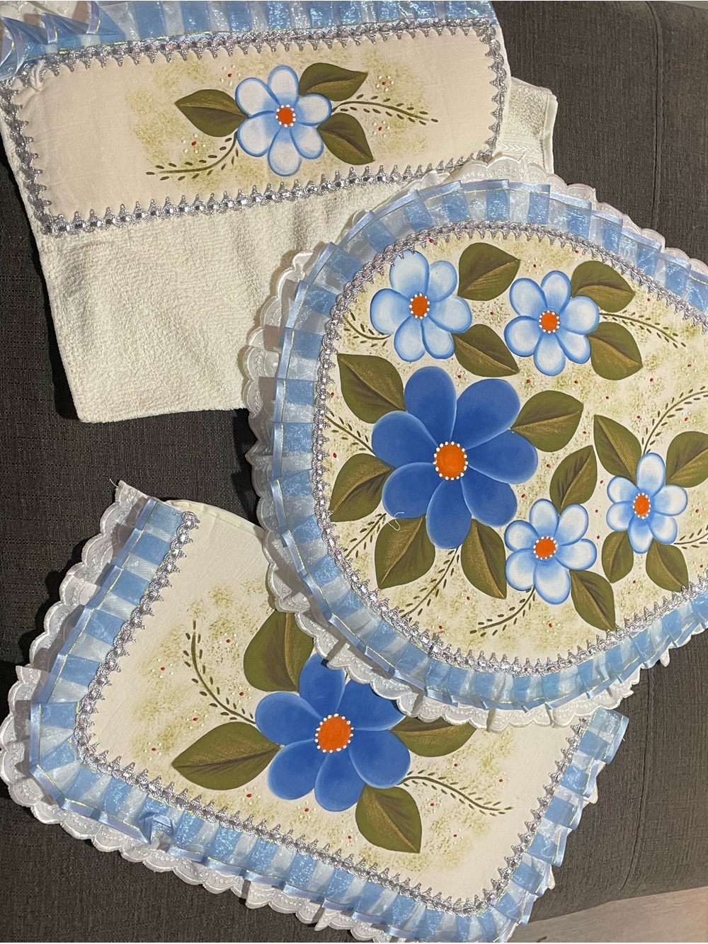 Hand-Painted Blue Floral Home Kitchen Linen Set